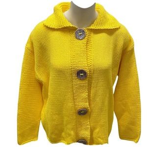 YELLOW Handknit 100% Cotton Chunky Knit Cardigan Sweater Size XL “PURE” NWOT